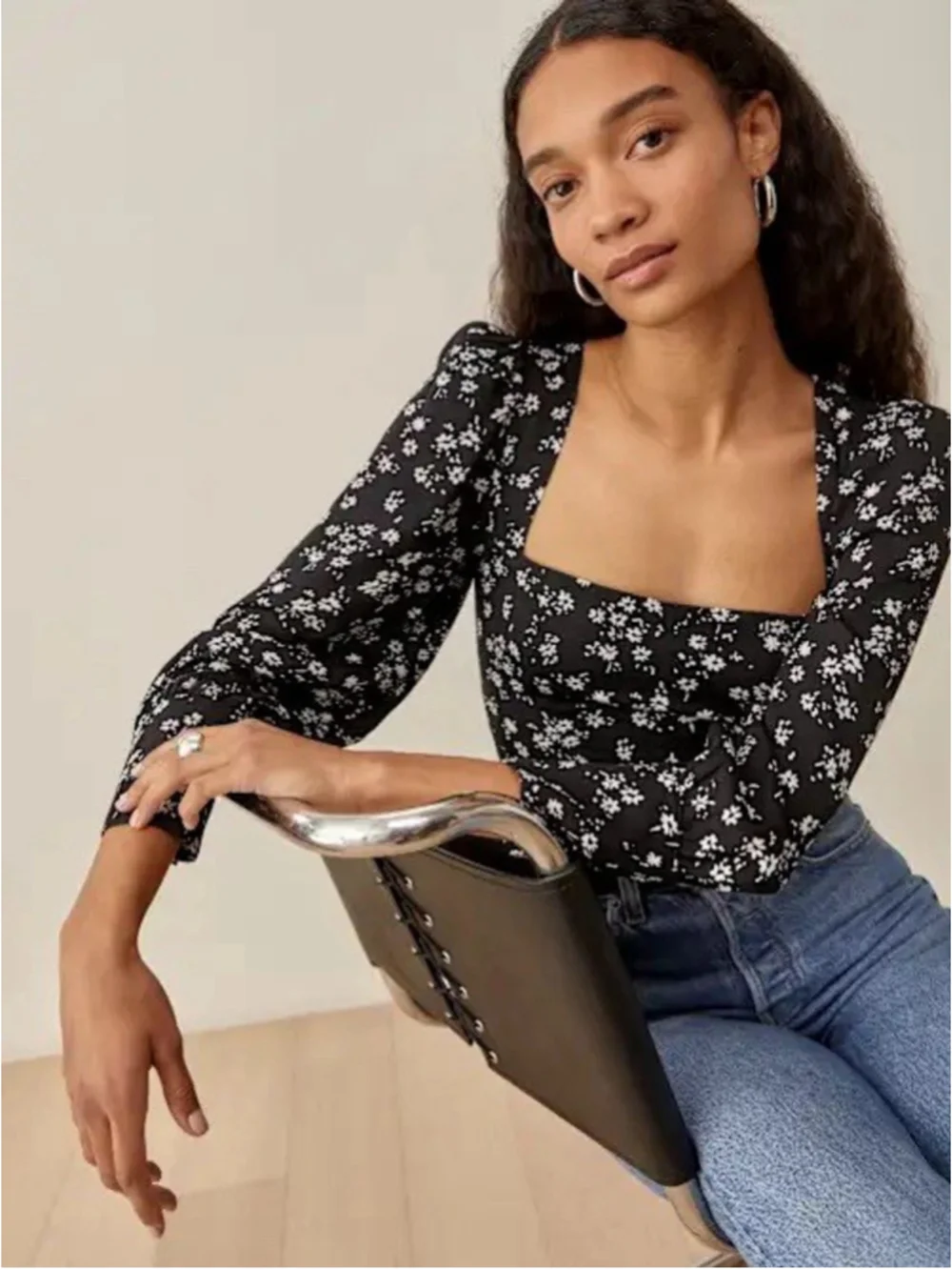 Reformation Calla Top Black White Floral Smocked Back Long Puff Sleeves EUC 4